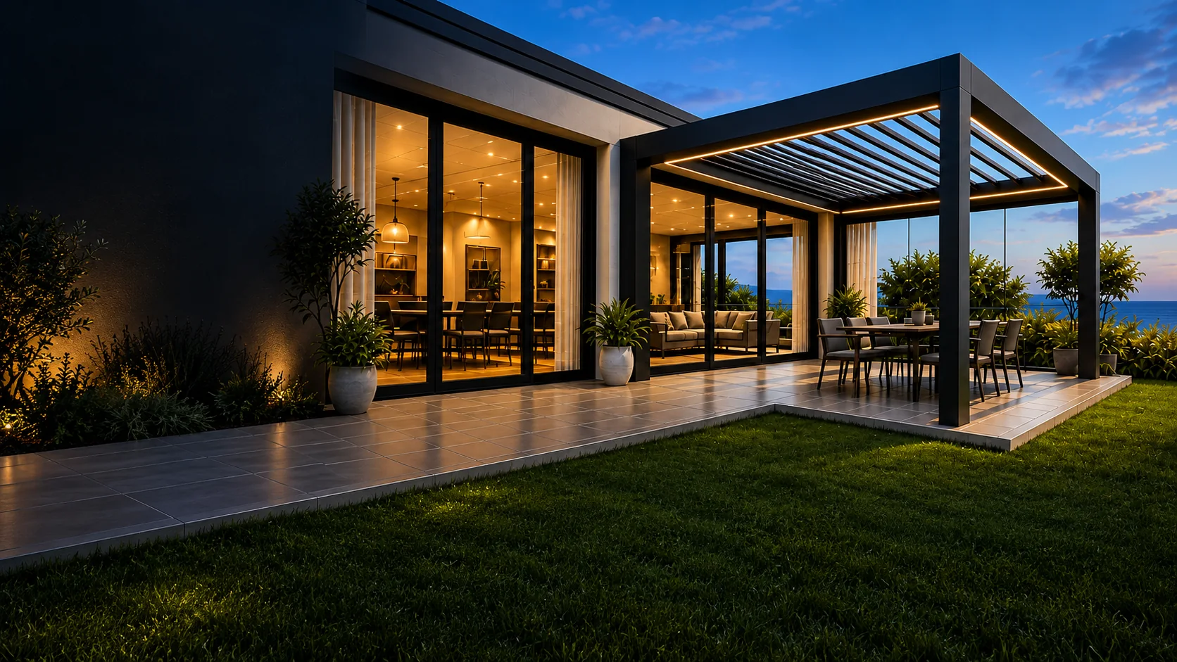 Casa contemporánea con cerramientos de cristal y pérgola bioclimática iluminada junto al Mediterráneo. Imagen de inspiración.